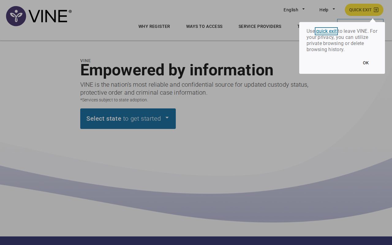 VINELink search starting screen for an Alcona County arrest custody check