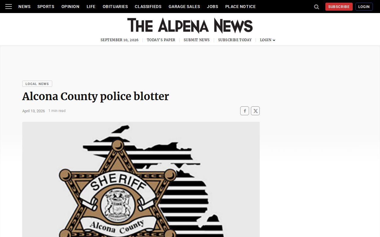 Alpena News weekly Alcona County arrest report context