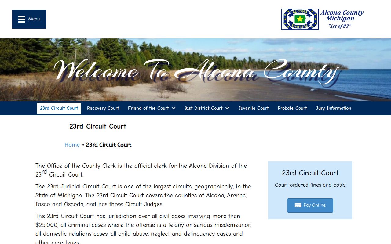 Official Alcona County 23rd Circuit Court page for case and clerk information