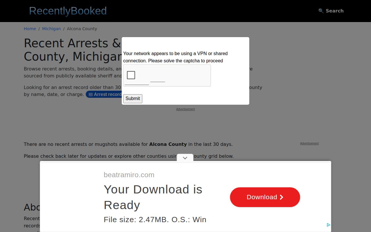 RecentlyBooked Alcona County page shown as an unofficial and potentially incomplete source